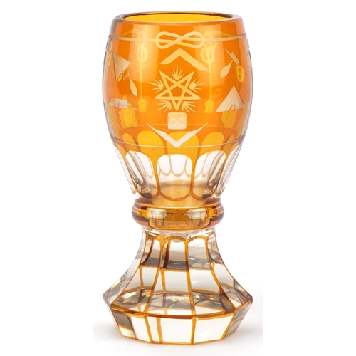 86 - Victorian Masonic amber flashed glass goblet, 15cm high