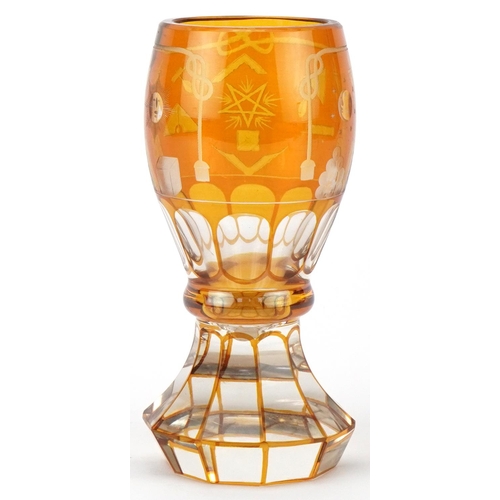 86 - Victorian Masonic amber flashed glass goblet, 15cm high