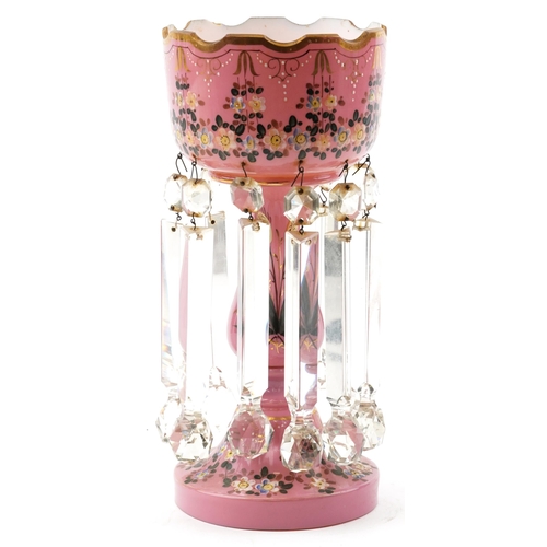 83 - Victorian opaline pink lustre hand painted with flowers, having clear glass drops, 36cm high