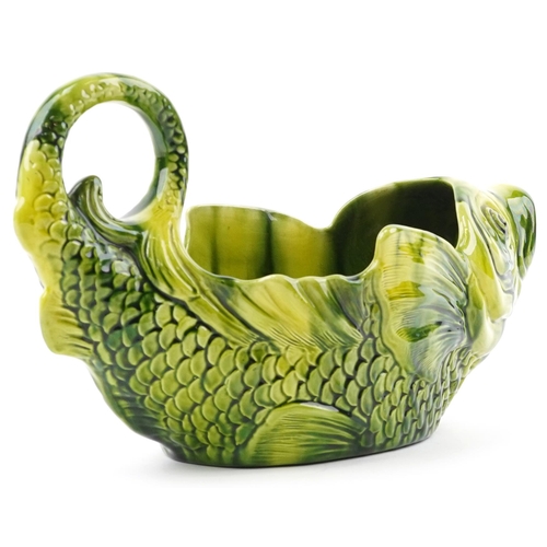 91 - Large Victorian Ault pottery Majolica jardinière in the form of a fish with an open mouth, 35cm in l... 