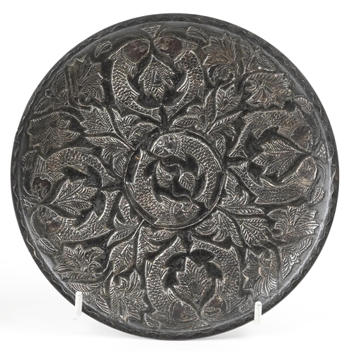 385 - Islamic copper silver overlaid tray decorated with fish and flowers, Indian brass tray decorated wit... 