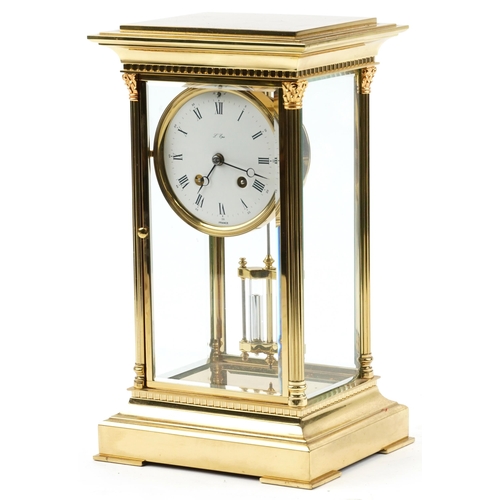 French brass four glass L'Épée mantle clock with enamelled dial and mercury pendulum, 34cm high