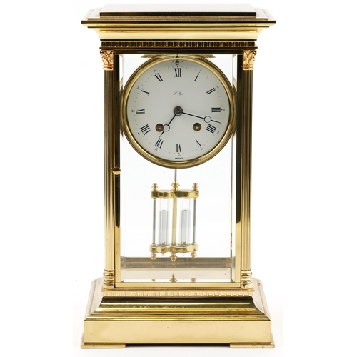 60 - French brass four glass L'Épée mantle clock with enamelled dial and mercury pendulum, 34cm high