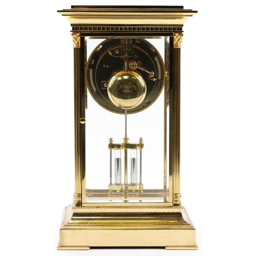 60 - French brass four glass L'Épée mantle clock with enamelled dial and mercury pendulum, 34cm high