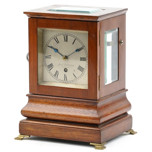 59 - Mahogany cased fusee mantle clock with silvered dial inscribed Justin Vulliamy London, 23cm high