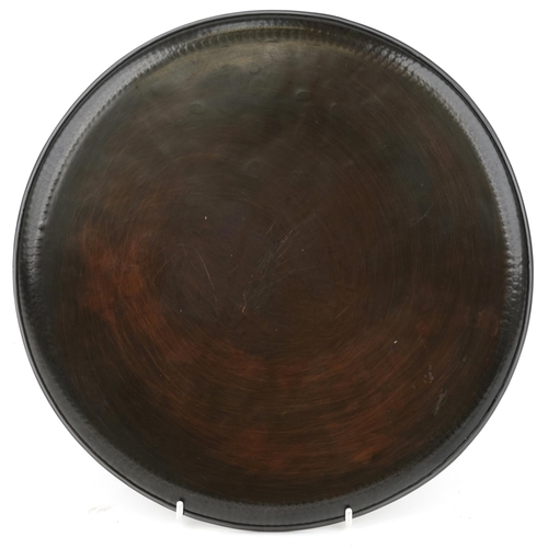 227 - Hugh Wallis, Arts and Crafts copper, pewter inlaid acorn design tray, 27cm in diameter