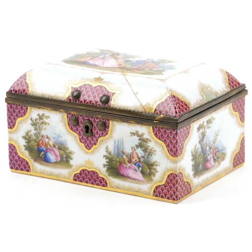 140 - French porcelain dome topped casket hand painted with lovers scenes to the inside and out, with gilt... 