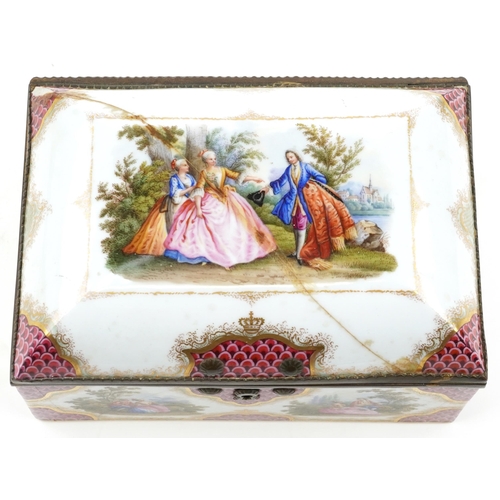 140 - French porcelain dome topped casket hand painted with lovers scenes to the inside and out, with gilt... 