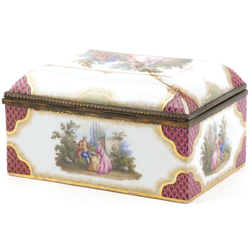 140 - French porcelain dome topped casket hand painted with lovers scenes to the inside and out, with gilt... 