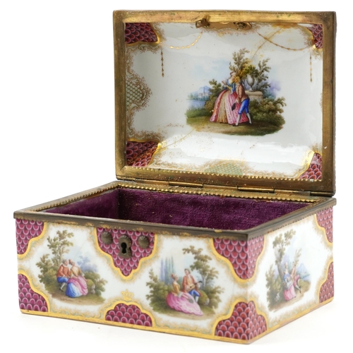 140 - French porcelain dome topped casket hand painted with lovers scenes to the inside and out, with gilt... 