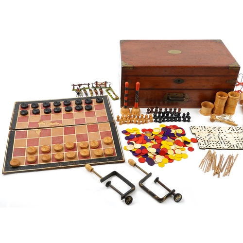 1498 - Victorian mahogany and brass bound compendium set with horseracing, chess, draughts, dominoes and cr... 