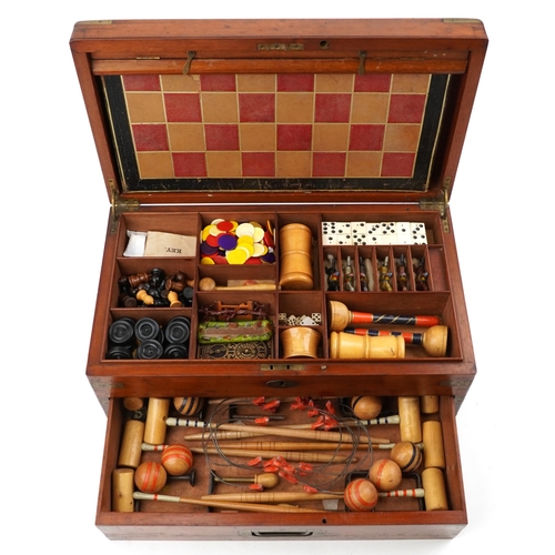 1498 - Victorian mahogany and brass bound compendium set with horseracing, chess, draughts, dominoes and cr... 