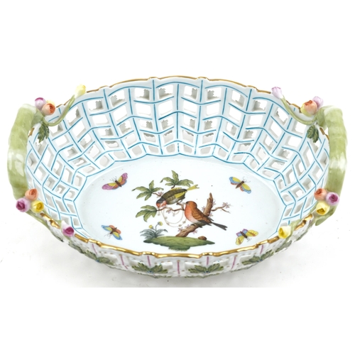 67 - Herend, Hungarian pierced porcelain basket hand painted with birds on a branch and butterflies, 28cm... 