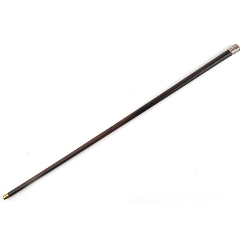 363 - Hardwood walking stick with floral engraved white metal pommel and brass ferule, 87cm in length