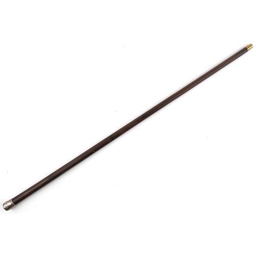 363 - Hardwood walking stick with floral engraved white metal pommel and brass ferule, 87cm in length