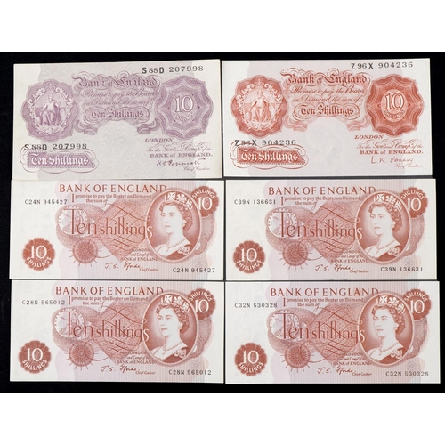 561 - Six Bank of England ten shilling banknotes, Chief Cashiers J S Fforde, K O Peppiatt and L K O'Brien