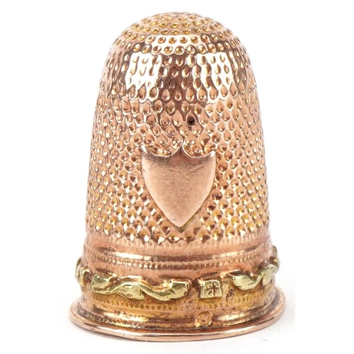 28 - Victorian tortoiseshell thimble case with a unmarked gold thimble, tests as 15ct gold, 5cm high