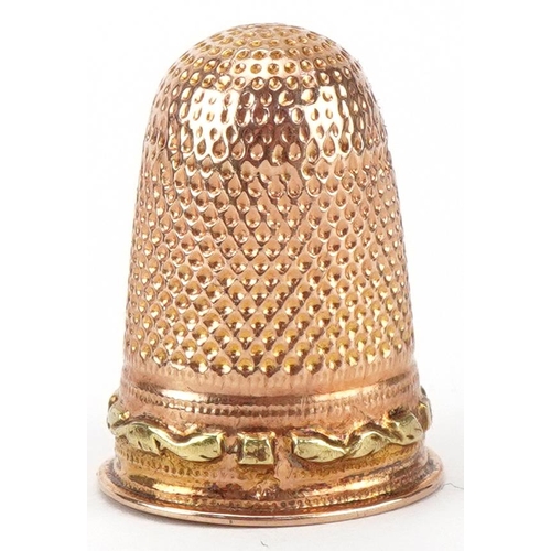 28 - Victorian tortoiseshell thimble case with a unmarked gold thimble, tests as 15ct gold, 5cm high