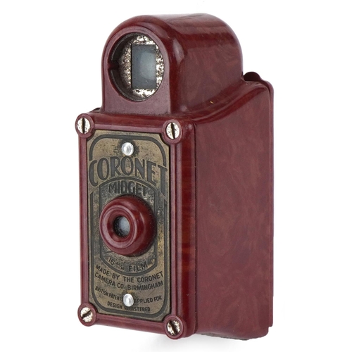 756 - Burgundy Coronet Midget camera, 6cm high