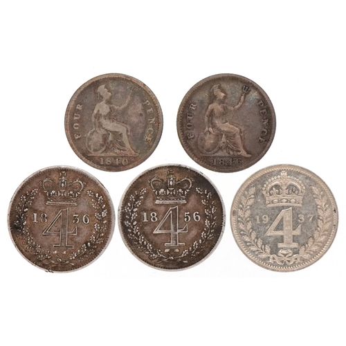 607 - Five silver fourpences including George IV