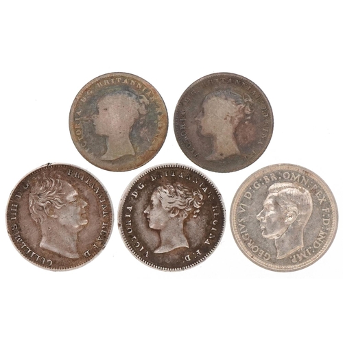 607 - Five silver fourpences including George IV