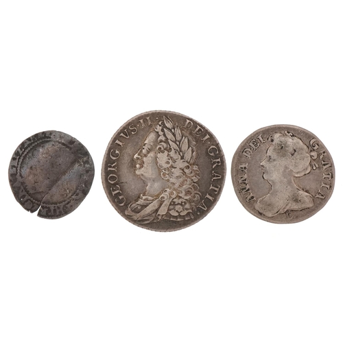 584 - Early hammered silver coin, Queen Anne silver coin and a George II 1758 silver coin