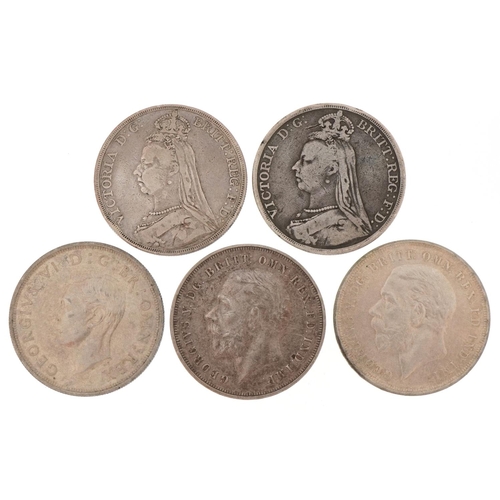 613 - Two Victorian 1889 silver crowns, two George V 1935 silver crowns and a George VI 1937 silver crown