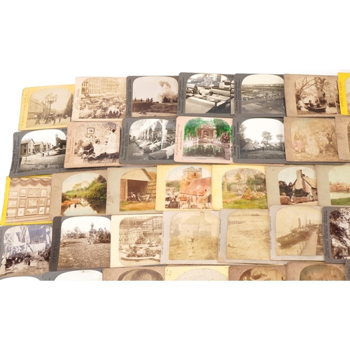 747 - Selection of stereoscopic view cards, some American, including car manufacturing, Europe cards, main... 