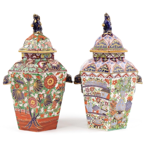 129 - Two Victorian Staffordshire pottery ginger jars and covers hand painted in the Mason style chinoiser... 