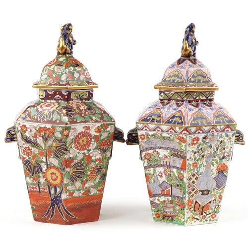 129 - Two Victorian Staffordshire pottery ginger jars and covers hand painted in the Mason style chinoiser... 