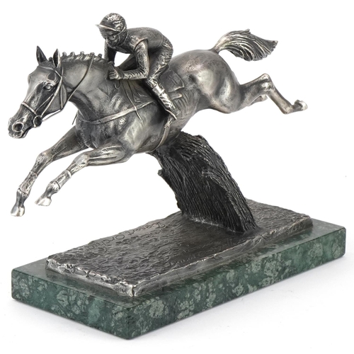 708 - Horseracing interest David Cornell silver coloured metal sculpture on green marble base Grand Nation... 