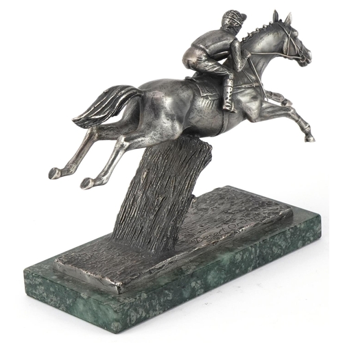 708 - Horseracing interest David Cornell silver coloured metal sculpture on green marble base Grand Nation... 