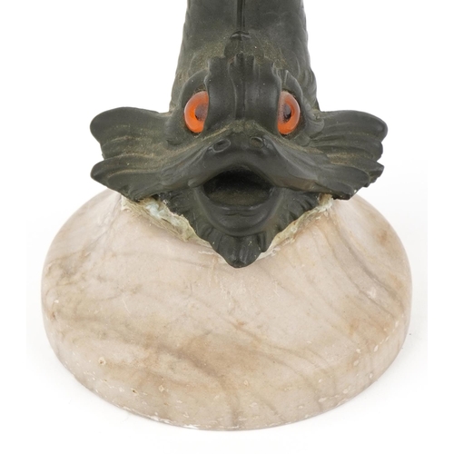 293 - Victorian bronze and alabaster fish tazza with beaded glass eyes, 26cm high