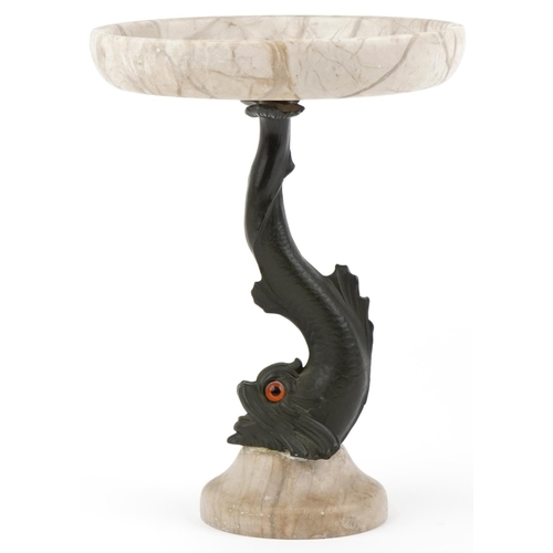 293 - Victorian bronze and alabaster fish tazza with beaded glass eyes, 26cm high