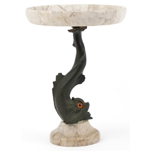 293 - Victorian bronze and alabaster fish tazza with beaded glass eyes, 26cm high