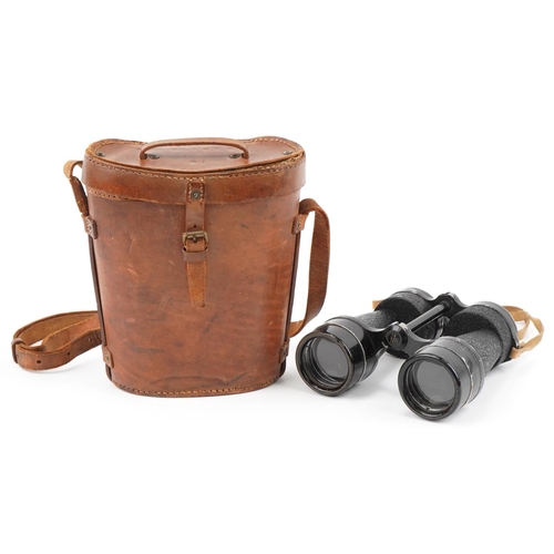 1795 - Pair of military interest Bino Prism number 5 mark I binoculars in a leather case, 21cm high