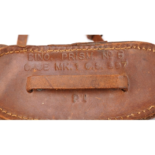 1795 - Pair of military interest Bino Prism number 5 mark I binoculars in a leather case, 21cm high