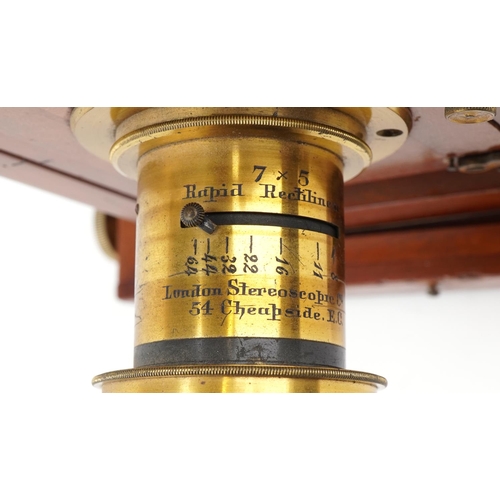 744 - Victorian London Stereoscopic & Co mahogany plate camera with a 7 x 5 brass lens, 21cm x 20cm