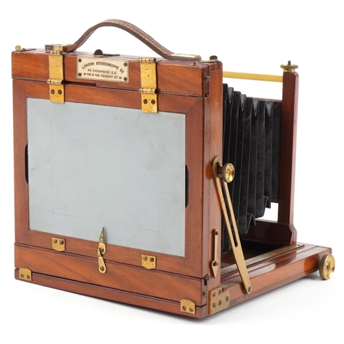 744 - Victorian London Stereoscopic & Co mahogany plate camera with a 7 x 5 brass lens, 21cm x 20cm