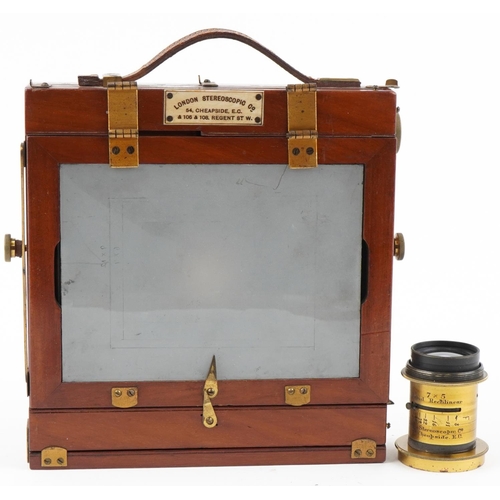 744 - Victorian London Stereoscopic & Co mahogany plate camera with a 7 x 5 brass lens, 21cm x 20cm