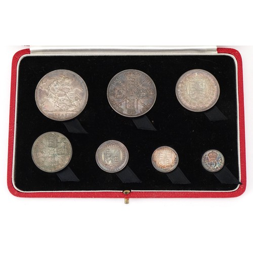 594 - Queen Victoria 1887 Jubilee silver specimen coin set housed in a silk and velvet lined fitted case c... 