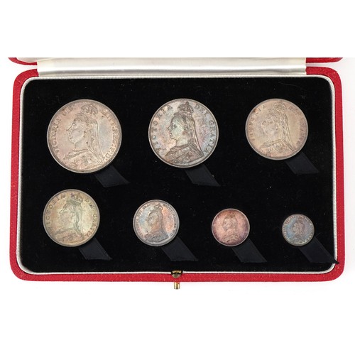 594 - Queen Victoria 1887 Jubilee silver specimen coin set housed in a silk and velvet lined fitted case c... 