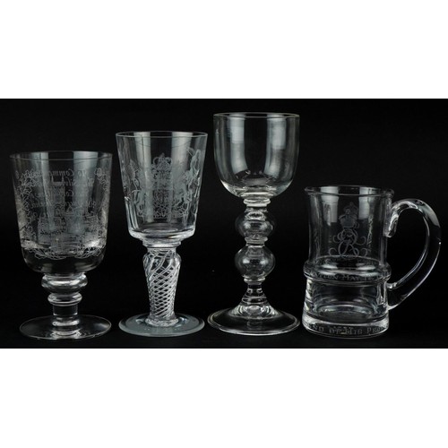 1388 - Four glasses including Elizabeth II Queen's Silver Jubilee goblet with air twist stem, the largest 1... 