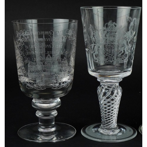 1388 - Four glasses including Elizabeth II Queen's Silver Jubilee goblet with air twist stem, the largest 1... 