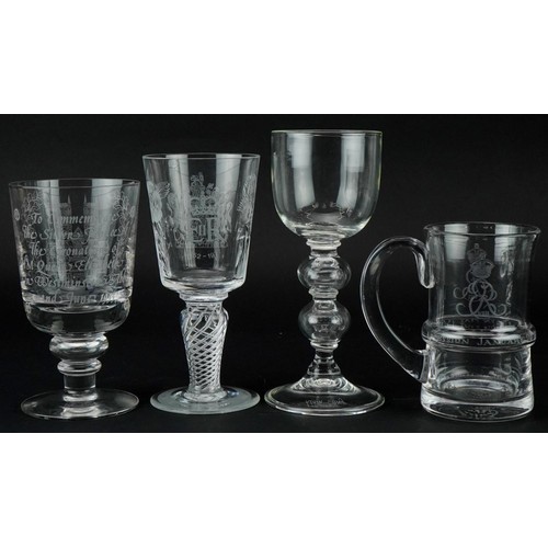 1388 - Four glasses including Elizabeth II Queen's Silver Jubilee goblet with air twist stem, the largest 1... 