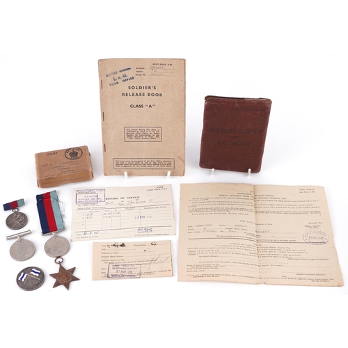 1736 - British military World War II medal group awarded to L/BDRG TREVETT including Soldier's Service book... 