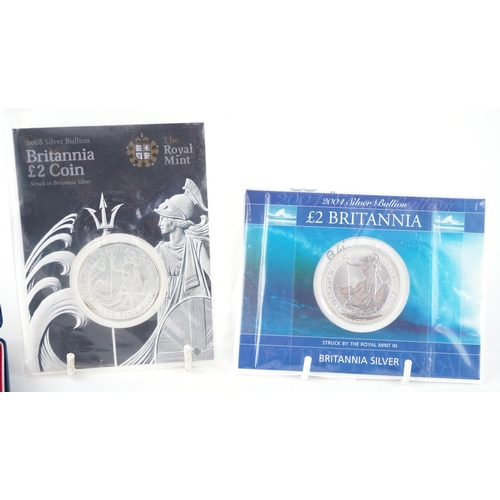 629 - Queen Elizabeth II 2001 silver Britannia proof coin together with 2004 and 2008 Britannia silver bul... 