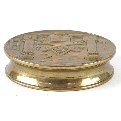 36 - Masonic interest brass tobacco box, 9cm in diameter