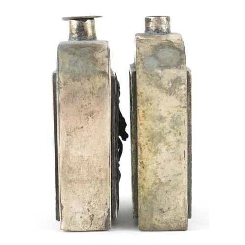 1321 - Pair of Chinese silvered metal scent bottles, character marks to the bases, each 6cm high