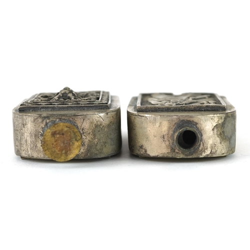 1321 - Pair of Chinese silvered metal scent bottles, character marks to the bases, each 6cm high